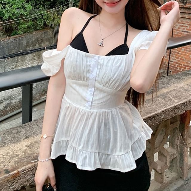 Top Puff-Sleeve Blouse Peplum Open / Bow Halter Back Plain