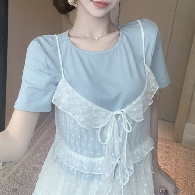 Neck Cami Sheer Plain Set: Tee Floral Short-Sleeve Ruffle Crew + Top