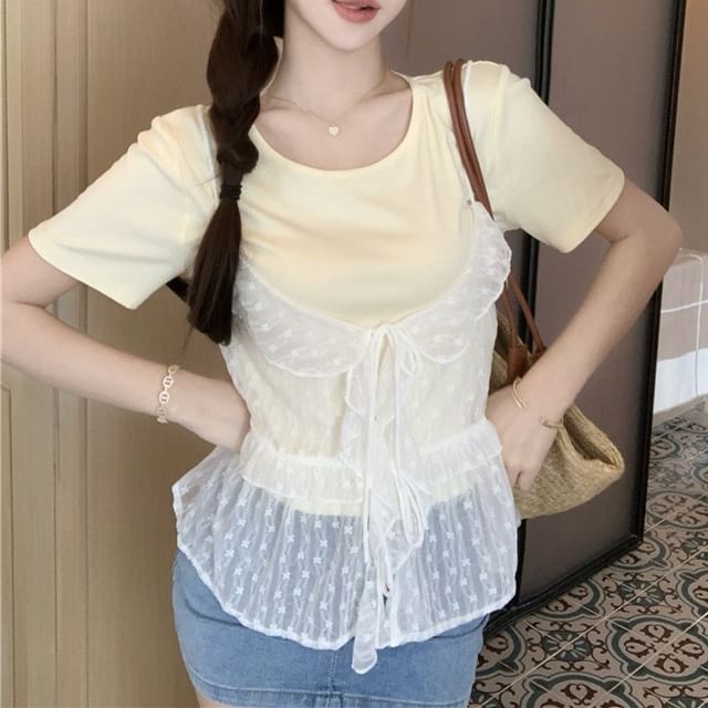 Neck Cami Sheer Plain Set: Tee Floral Short-Sleeve Ruffle Crew + Top