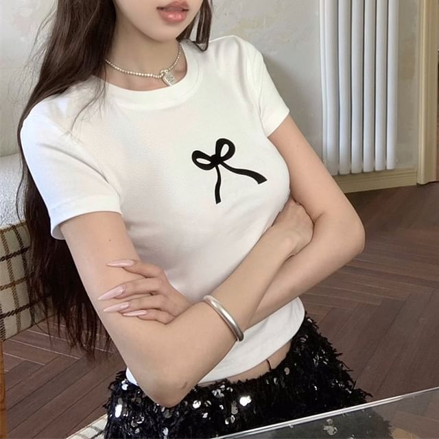 Round Print T-Shirt Neck Cropped Bow Short-Sleeve