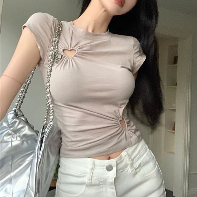 Neck Plain Crew Short-Sleeve T-Shirt Cutout Cropped