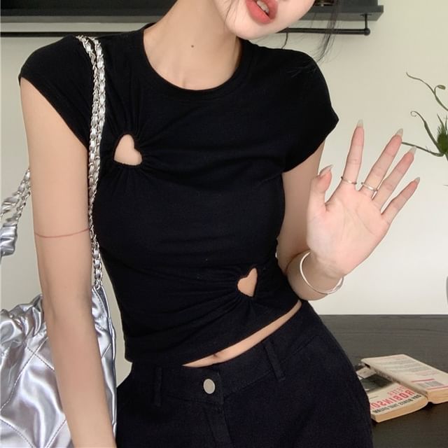 Neck Plain Crew Short-Sleeve T-Shirt Cutout Cropped