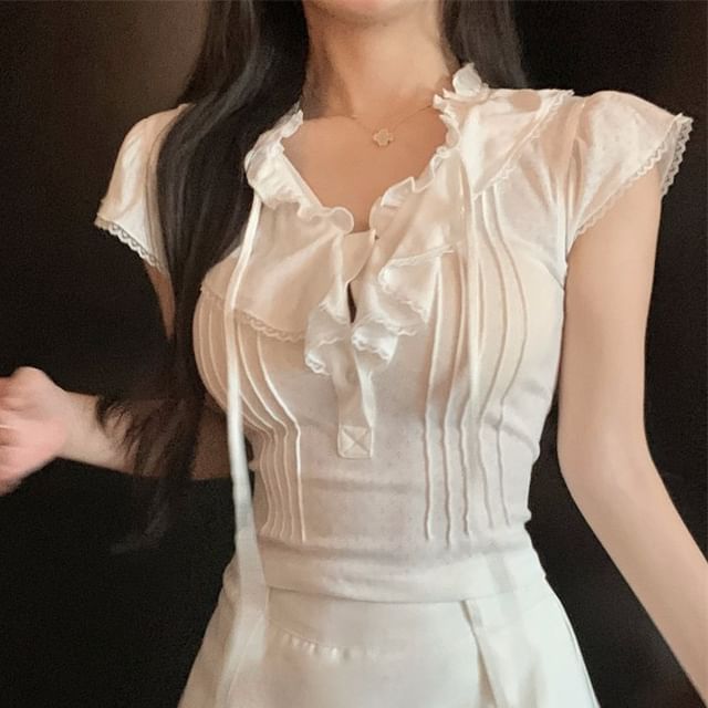 Lace Ruffle Plain Cap-Sleeve Trim T-Shirt