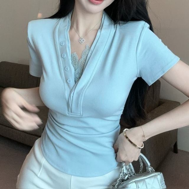 Short-Sleeve V-Neck T-Shirt Ruched Trim Plain Lace