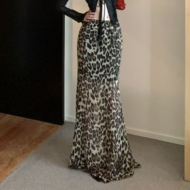 Front-Slit Print Skirt Mermaid Maxi Plain Sheer Waist / Long-Sleeve Top High Leopard