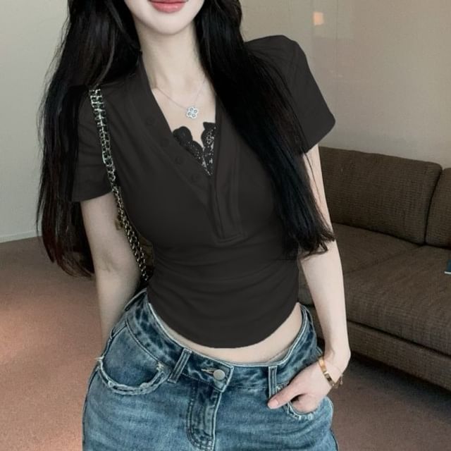 Short-Sleeve V-Neck T-Shirt Ruched Trim Plain Lace