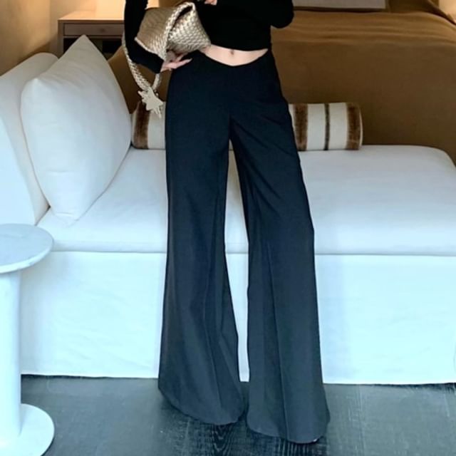 T-Shirt Long-Sleeve Low Pants Studded Flared Rise Cropped Off-Shoulder Plain /