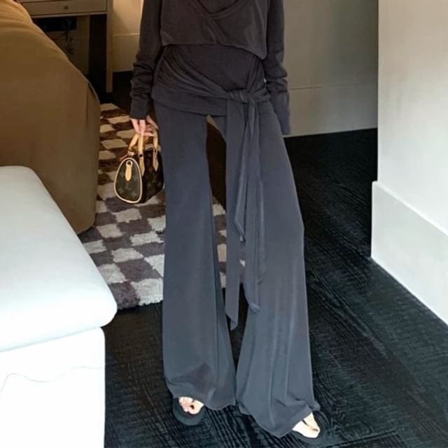 T-Shirt Plain Mock High Long-Sleeve Flared Waist Pants Crew Two-Piece / Neck