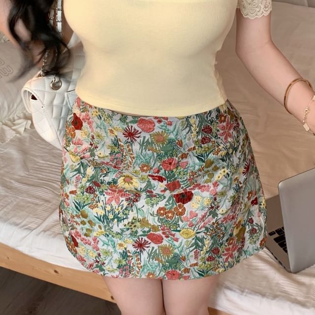 High Plain Lace / Mini Tee Short-Sleeve Rise Off-Shoulder Trim Pencil Floral Skirt