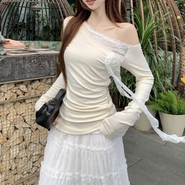 Trim Maxi Asymmetrical Skirt Rise A-Line Long-Sleeve Ruched High Tee Plain Lace / One-Shoulder