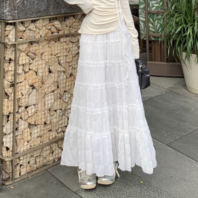 Trim Maxi Asymmetrical Skirt Rise A-Line Long-Sleeve Ruched High Tee Plain Lace / One-Shoulder