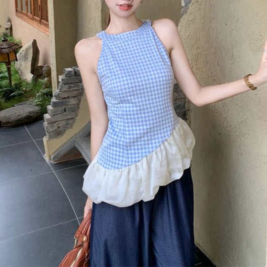 Panel Leg Asymmetrical High Top Cami / Jeans Plaid Wide Washed Waist