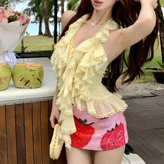 Skirt Mini / Waist Strawberry Print Pencil Top High Halter Ruffle Plain