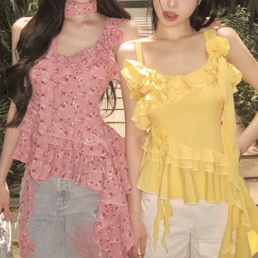 Top Floral Asymmetrical Detail Cami Plain Ruffle