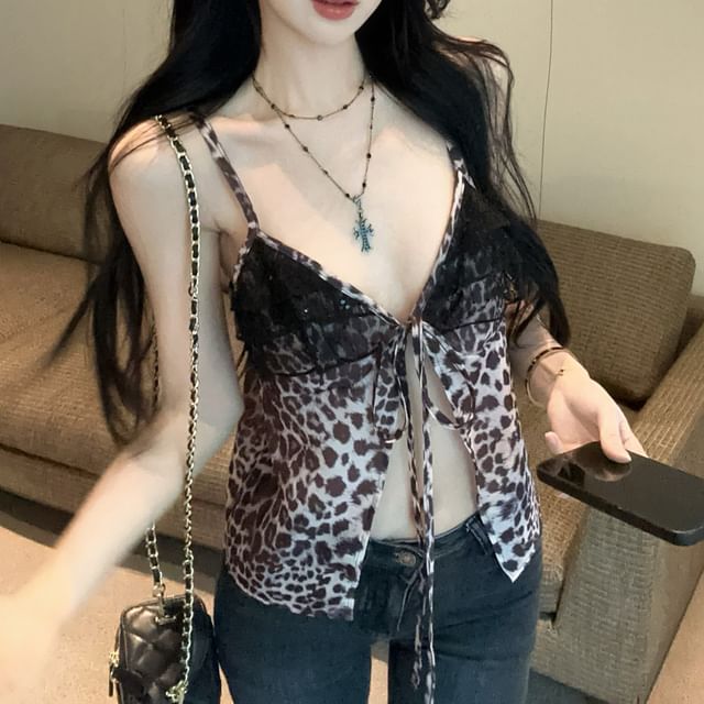 Ruffle Slit Panel Print Tie-Up V-Neck Leopard Top Cami