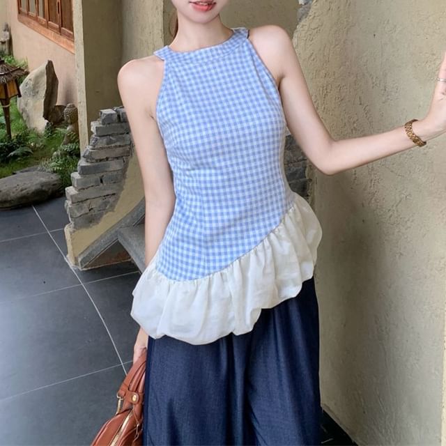 Panel Leg Asymmetrical High Top Cami / Jeans Plaid Wide Washed Waist