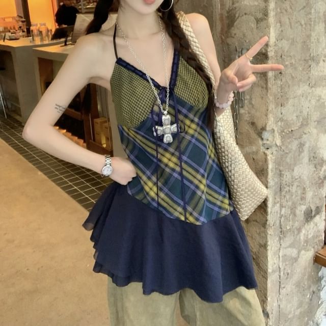 V-Neck Panel Halter Top Plaid