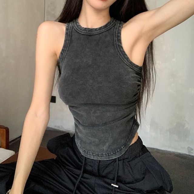 Crew Top Drawstring Tank Waist / Pants Leg Plain Wide Washed Neck