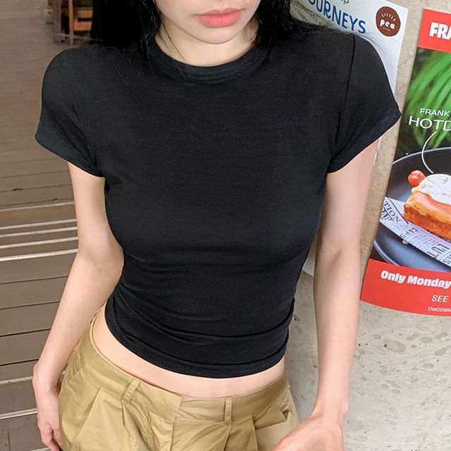 Crop Tee Crewneck Plain Short-Sleeve