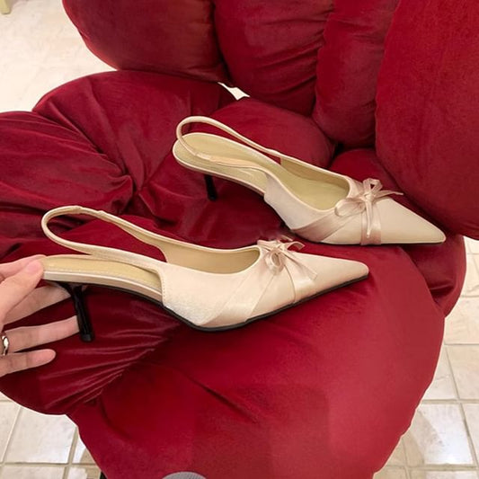 High Pointy Heel Bow Slingback Plain Sandals