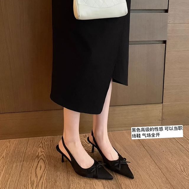 High Pointy Heel Bow Slingback Plain Sandals