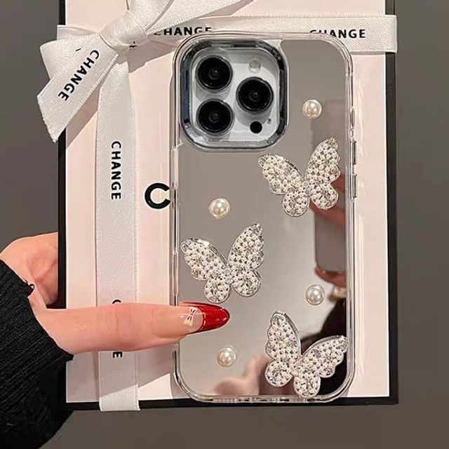 Case Strap Set Phone Mirrored Butterfly / Faux Pearl