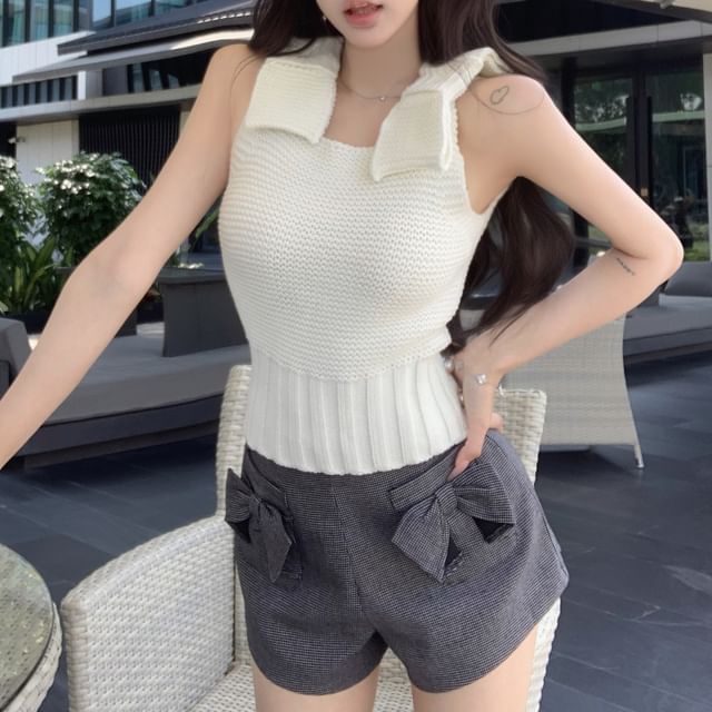 High Camisole / Waist Plaid Knit Top Plain Bow Shorts