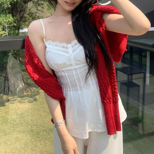 Pintuck Lace / Top Plain Panel Cardigan Camisole