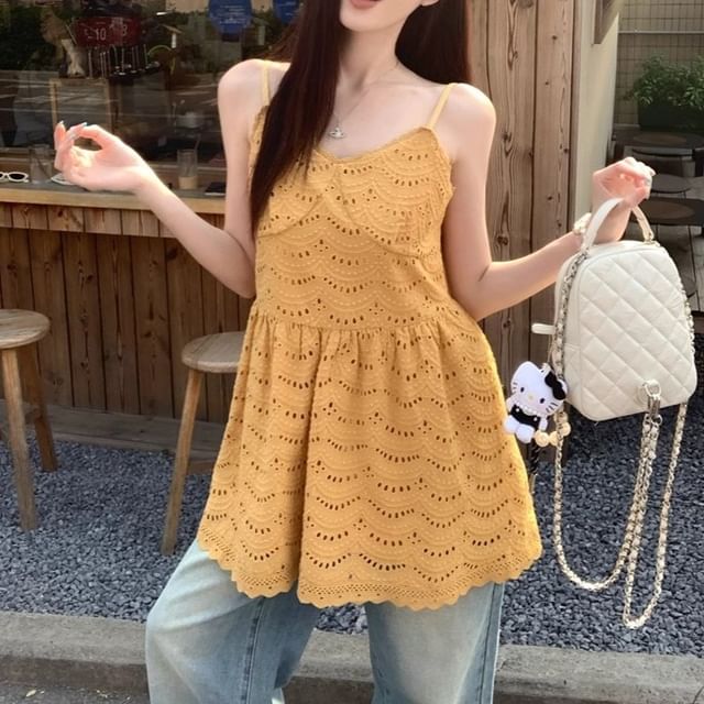 A-Line Embroidered Mini Dress Eyelet Strap Plain Spaghetti