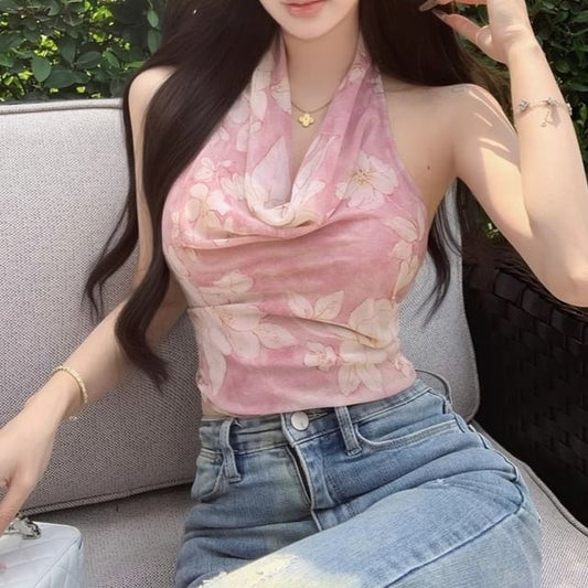 Neck Top Print Floral Cowl Halter