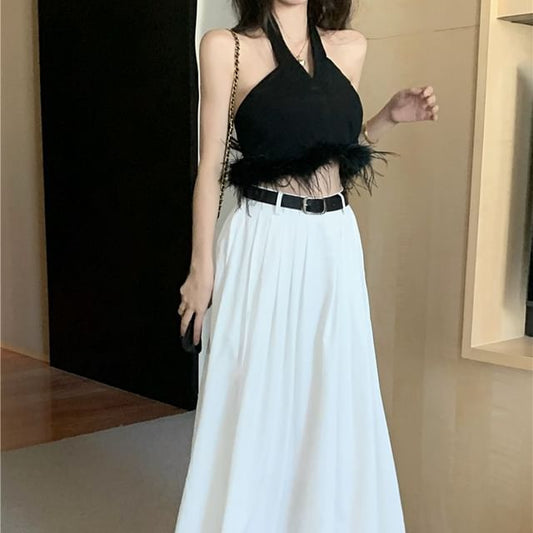 Feather Maxi Halter A-Line Waist High / Skirt Crop Pleated Trim Plain Top