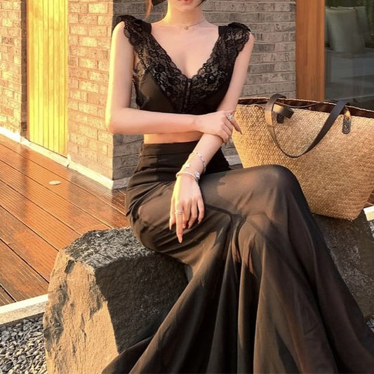 V-Neck Waist Skirt Sleeveless Top Lace High / Panel Plain Fishtail Crop Maxi