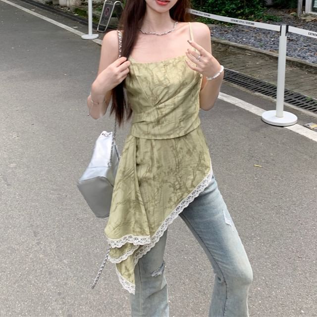 Trim Patterned Asymmetrical Print Camisole Top Lace