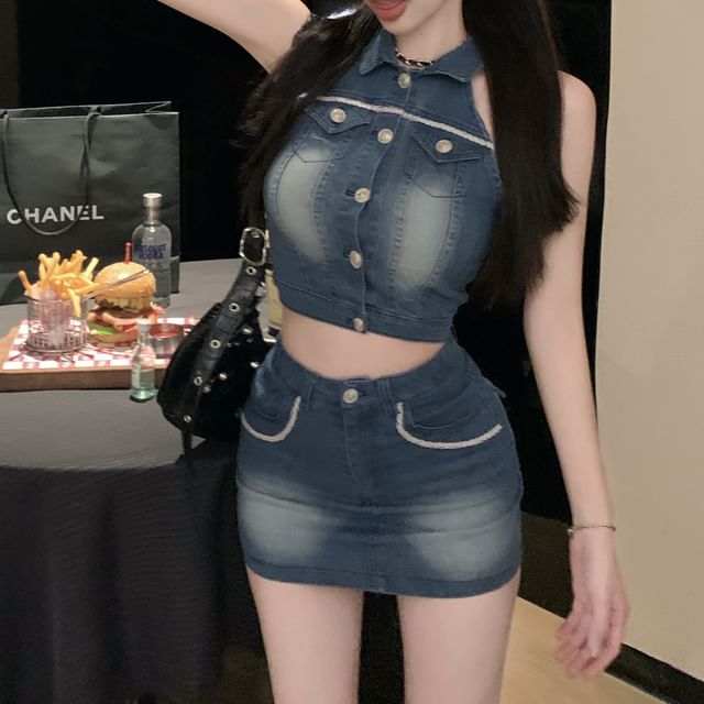 Collared Skirt Mini Button Crop High / Vest Pencil Washed Waist Denim