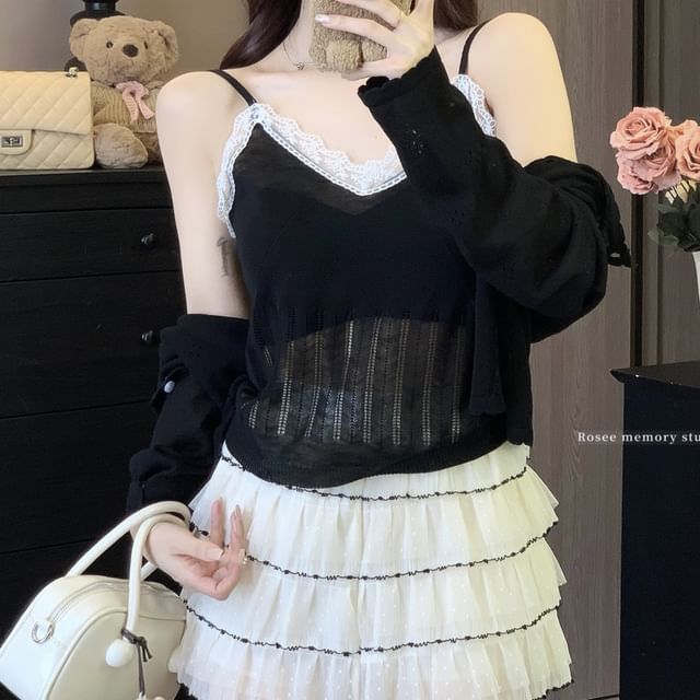 Plain V-Neck Lace Neck Camisole Top Cardigan Knit + Round Trim Set: