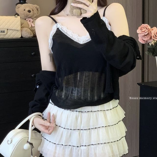 Plain V-Neck Lace Neck Camisole Top Cardigan Knit + Round Trim Set: