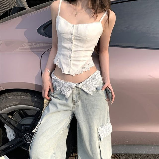 Cargo / Lace Cami Wide Mid Waist Button Plain Top Jeans Washed Panel Leg