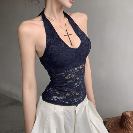 Lace High / Leg Pants Wide Halter Top Waist Plain