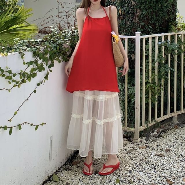 High Maxi Rise Halter Mesh Plain Dress A-Line Mini / Tiered Skirt