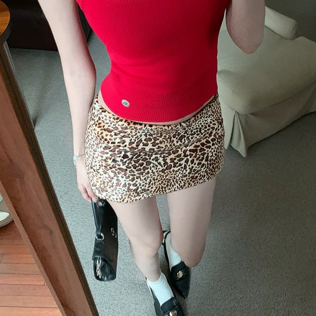 Cap Top Knit Pencil Sleeve Mini Tank Tee Round Dog Skirt Plain Square Low Rise Print Neck Leopard /