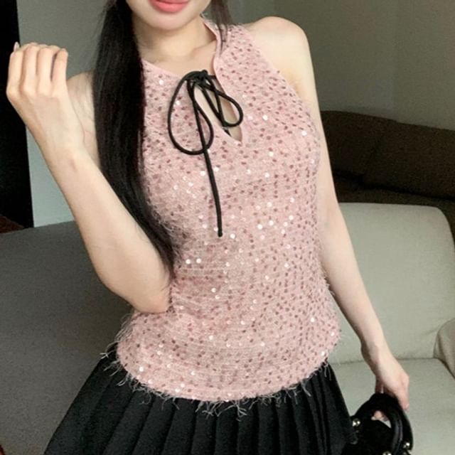 Sleeveless Top Tie Neck Sequin