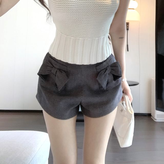 High Camisole / Waist Plaid Knit Top Plain Bow Shorts