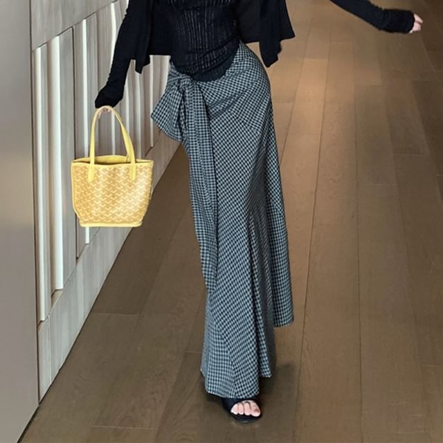 Lace Neck High / Maxi Pinstriped Scoop Plaid Tie-Up Plain Waist Panel Pencil Skirt Top Tank Cardigan