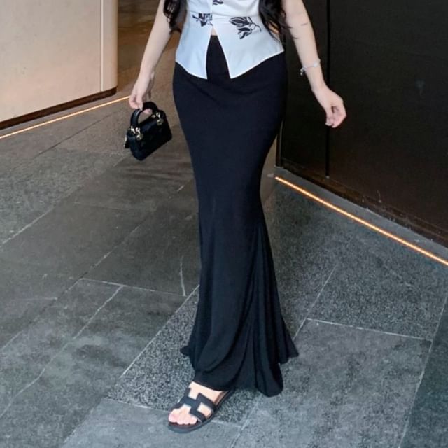 Top Rise Cami Pencil Skirt Maxi High Plain Floral Print V-Neck / Slit