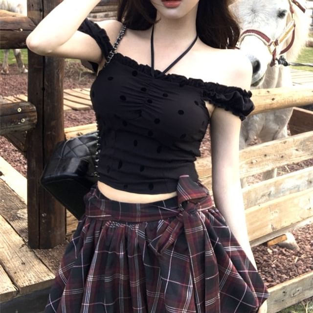 Rise Frill Balloon Plaid / High Mini Cami Top Dotted A-Line Skirt