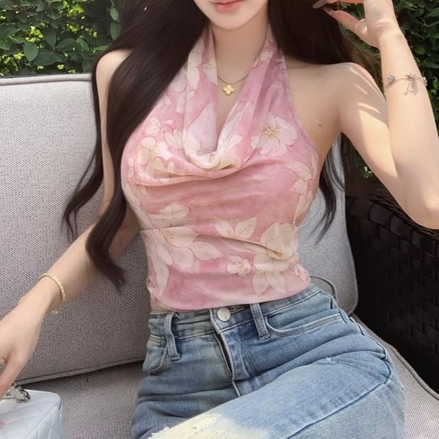 Neck Top Print Floral Cowl Halter
