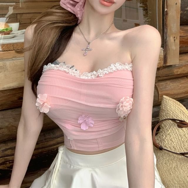 Tube Applique Ruched Panel Lace Floral Mesh Crop Trim Top