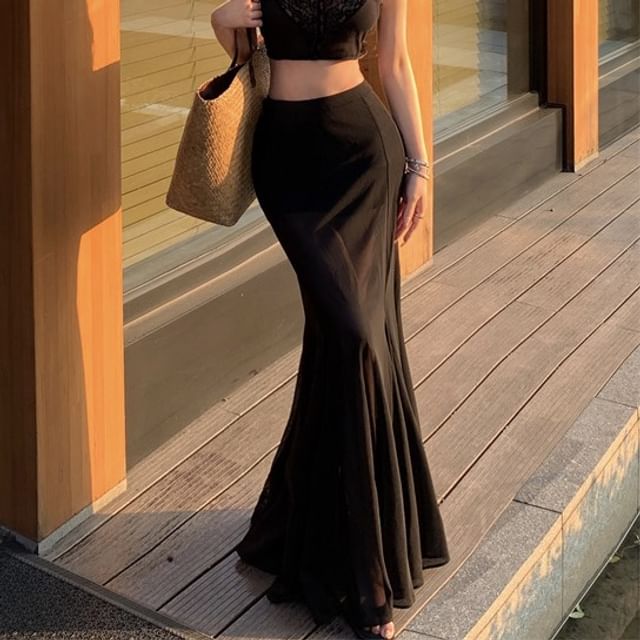 V-Neck Waist Skirt Sleeveless Top Lace High / Panel Plain Fishtail Crop Maxi