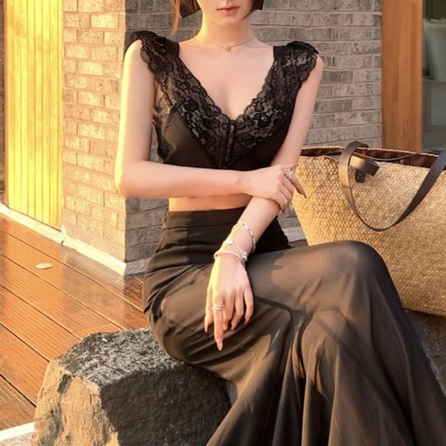 V-Neck Waist Skirt Sleeveless Top Lace High / Panel Plain Fishtail Crop Maxi