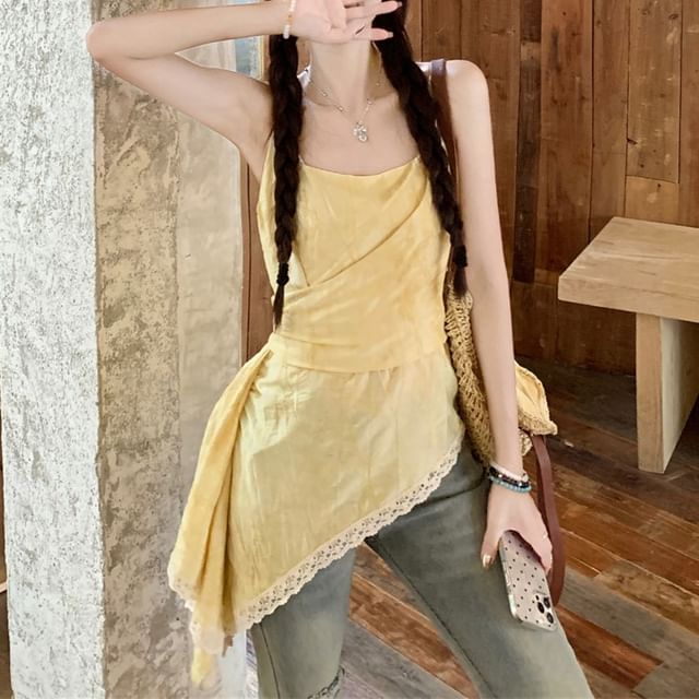 Trim Patterned Asymmetrical Print Camisole Top Lace